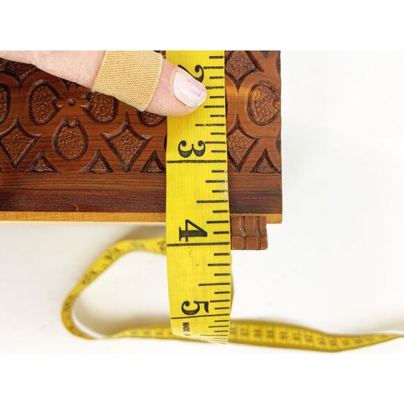 Vintage 50s 60s Wooden Jewelry Box Carved with Mirror Inside - Picture 5 of 10